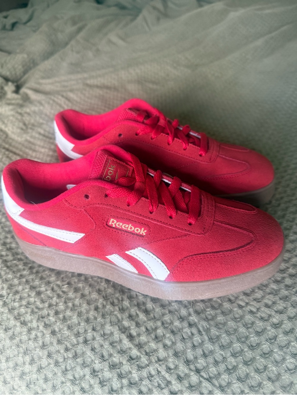 Reebok NWOT Bright Red Suede Low-Top Sneakers with White Accents